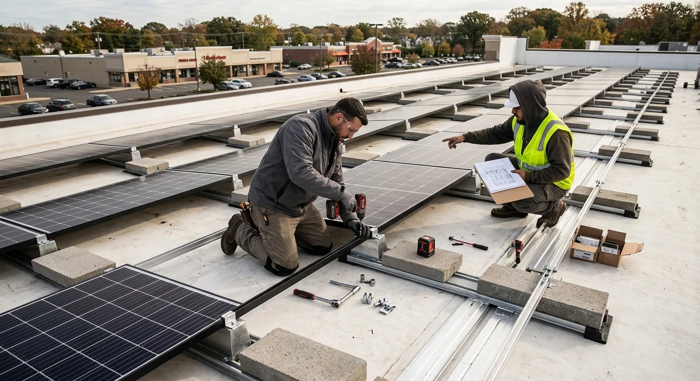 Commercial flat roof with rows of panels and ballasted mounting hardware